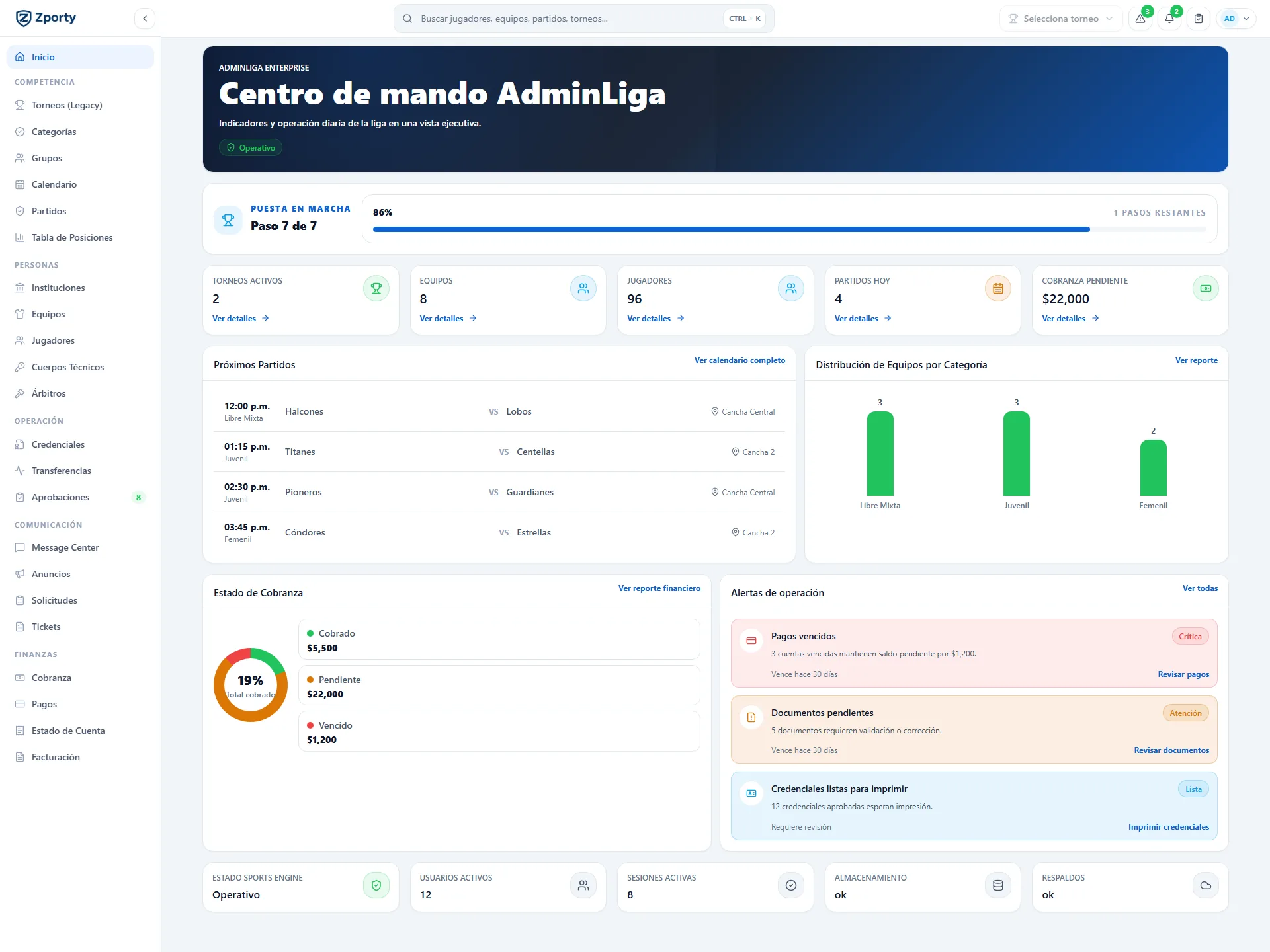Dashboard AdminLiga con navegación, indicadores, próximos partidos, finanzas y alertas operativas